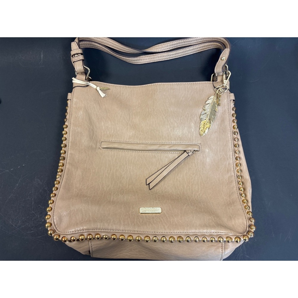 Jessica Simpson Tan Studded Hobo Shoulder Bag Gold Feather Bag Charm Logo Tag